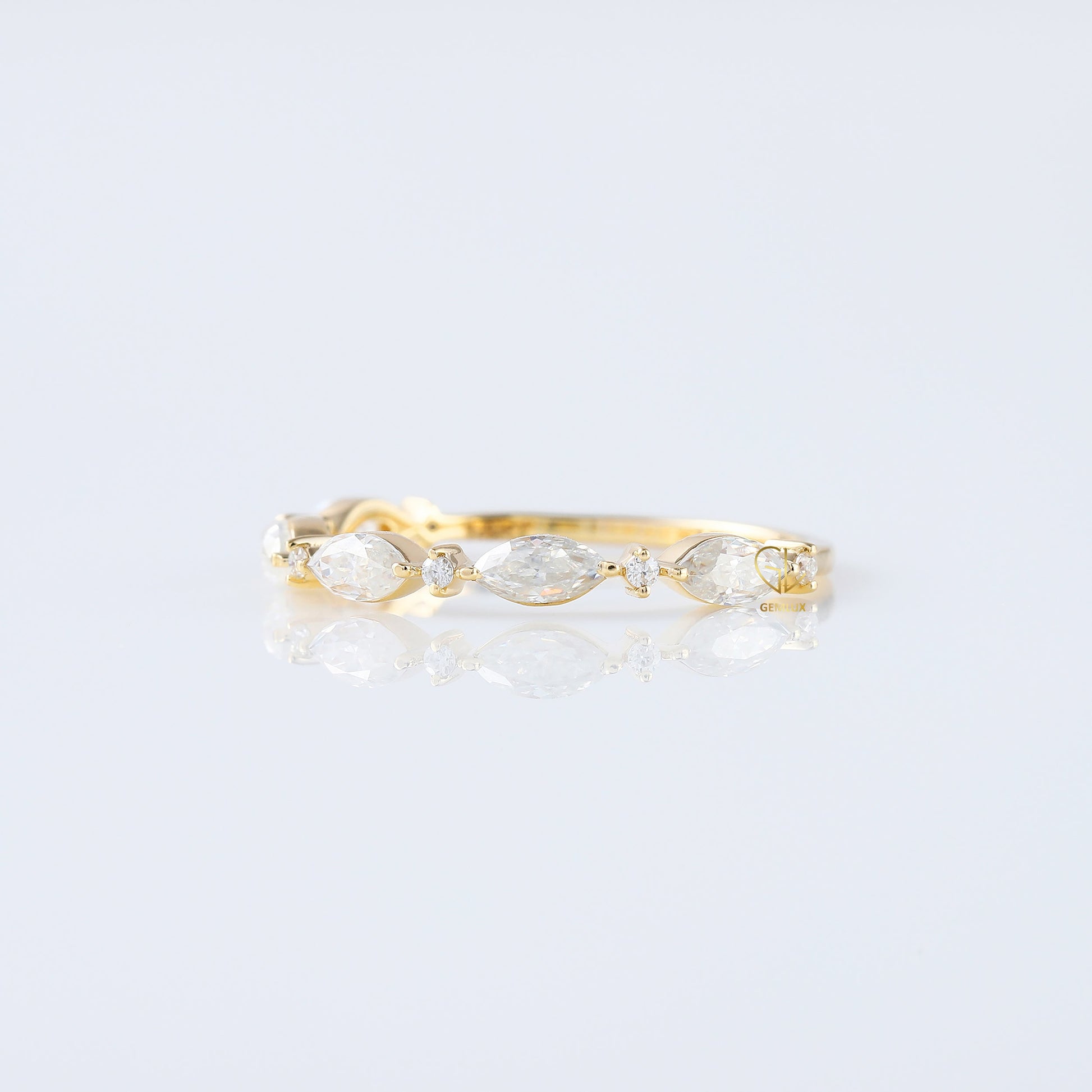 minimalist band, alternative stone eternity band, marquise and round moissanite matching band, yellow gold eternity wedding band; 
