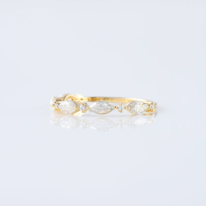 minimalist band, alternative stone eternity band, marquise and round moissanite matching band, yellow gold eternity wedding band; 
