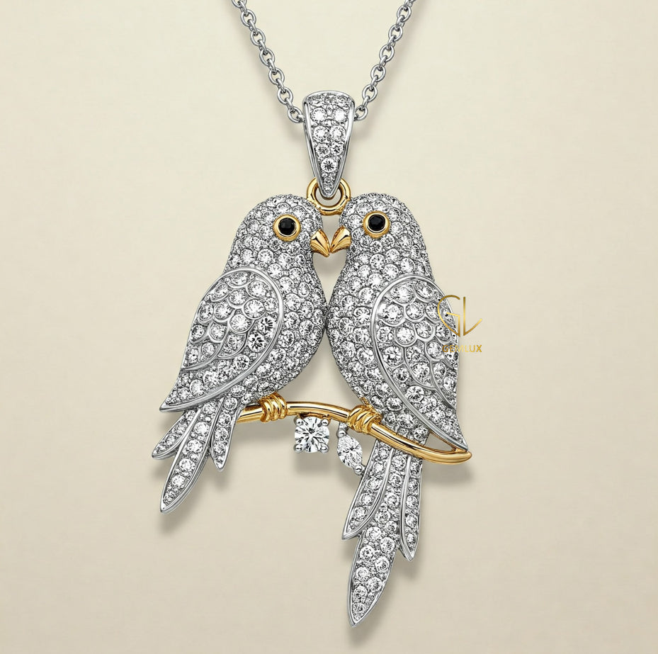 Pave Set Two Love Birds With Twig Branch Necklace 