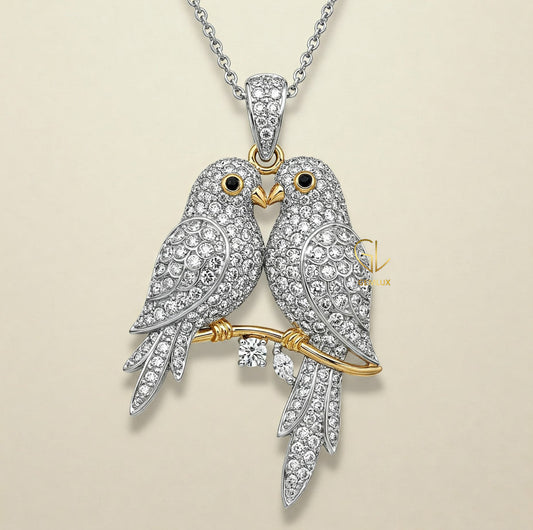 Pave Set Two Love Birds With Twig Branch Necklace 