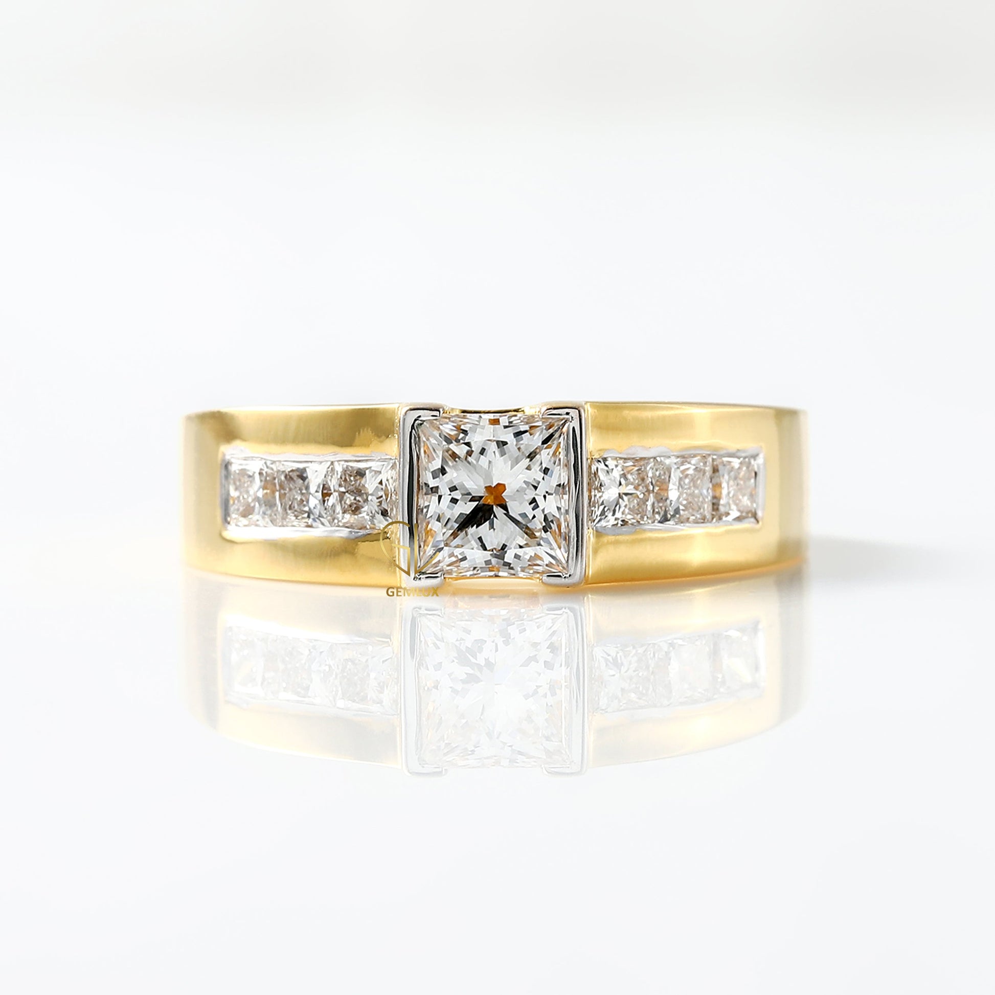 Princess Cut Lab Grown Half Bezel Set Yellow Gold Ring