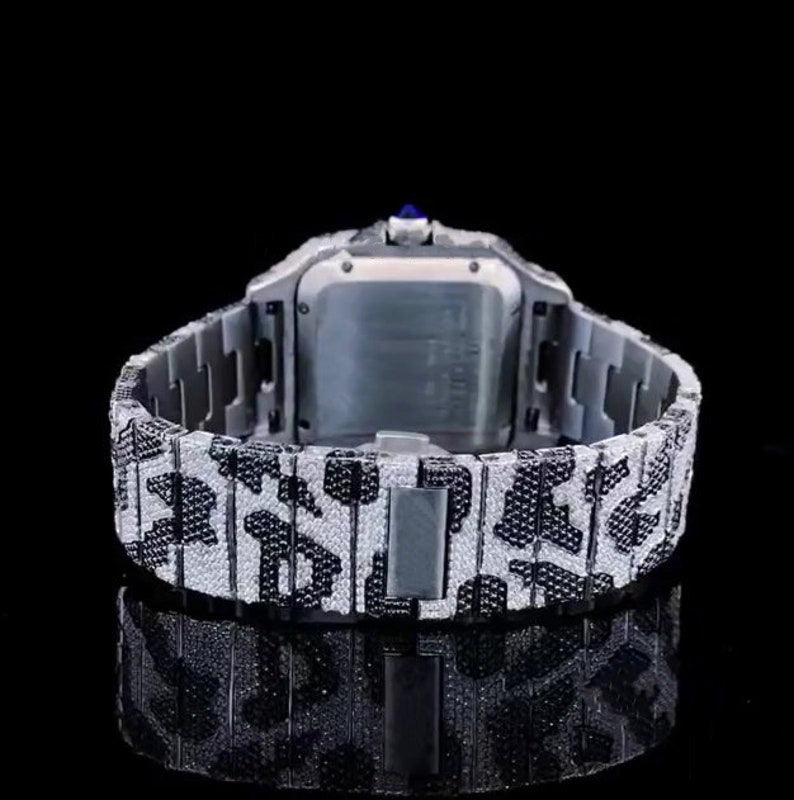 Square Roman Dial Iced Out Black & White Moissanite Hip Hop Watch