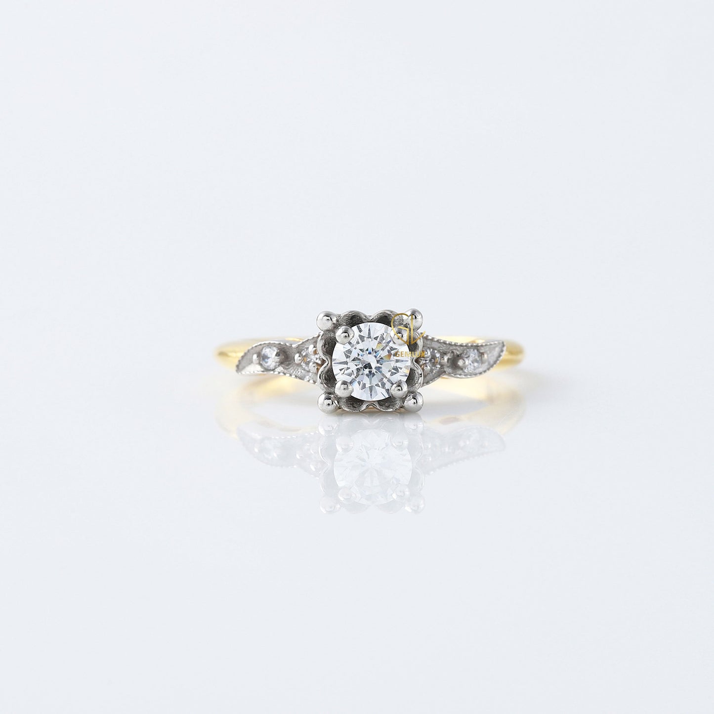 Round Cut Lab Grown Diamond Art Deco Two Tone Engagement Ring