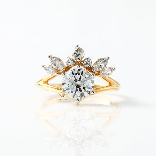Round Cut Lab Grown Split Shank Queen Crown Ring