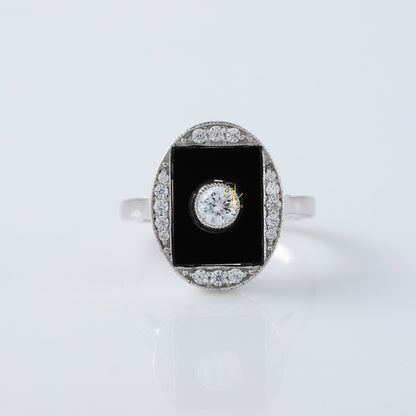 Round Cut Moisssanite Black Enamel Art Deco Engagement Ring