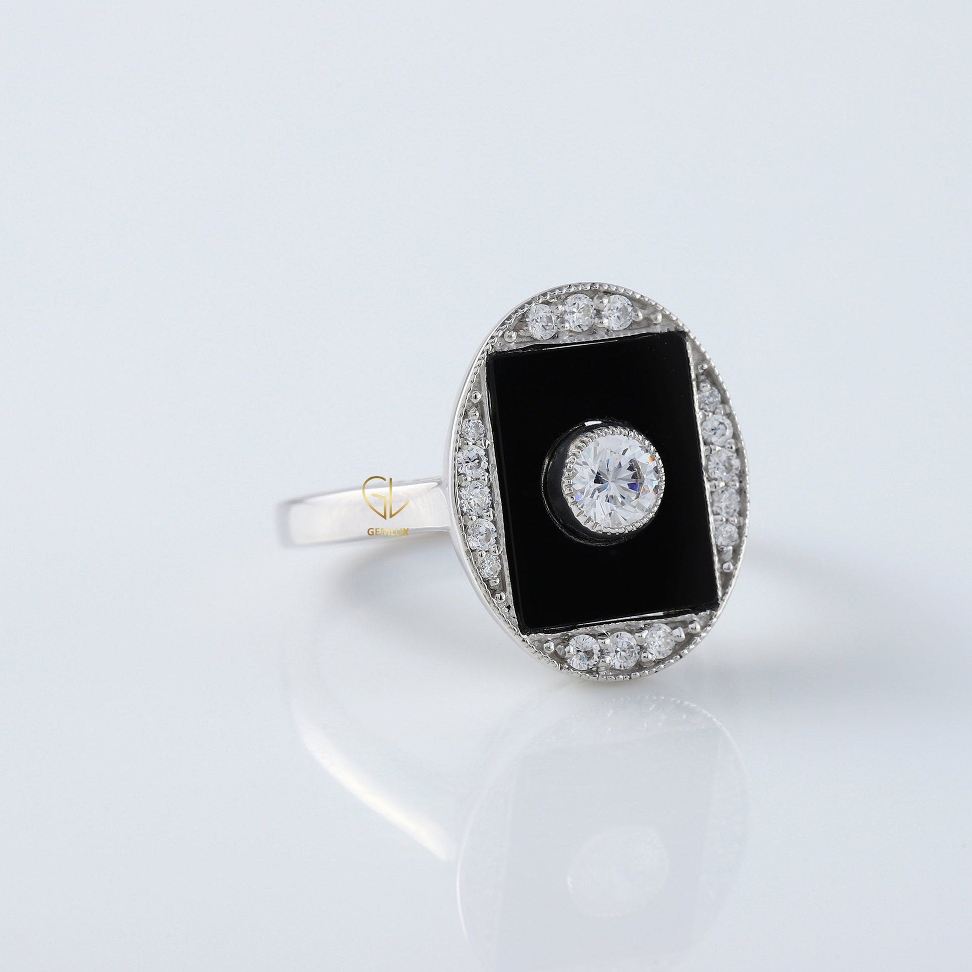 Round Cut Moisssanite Black Enamel Art Deco Engagement Ring