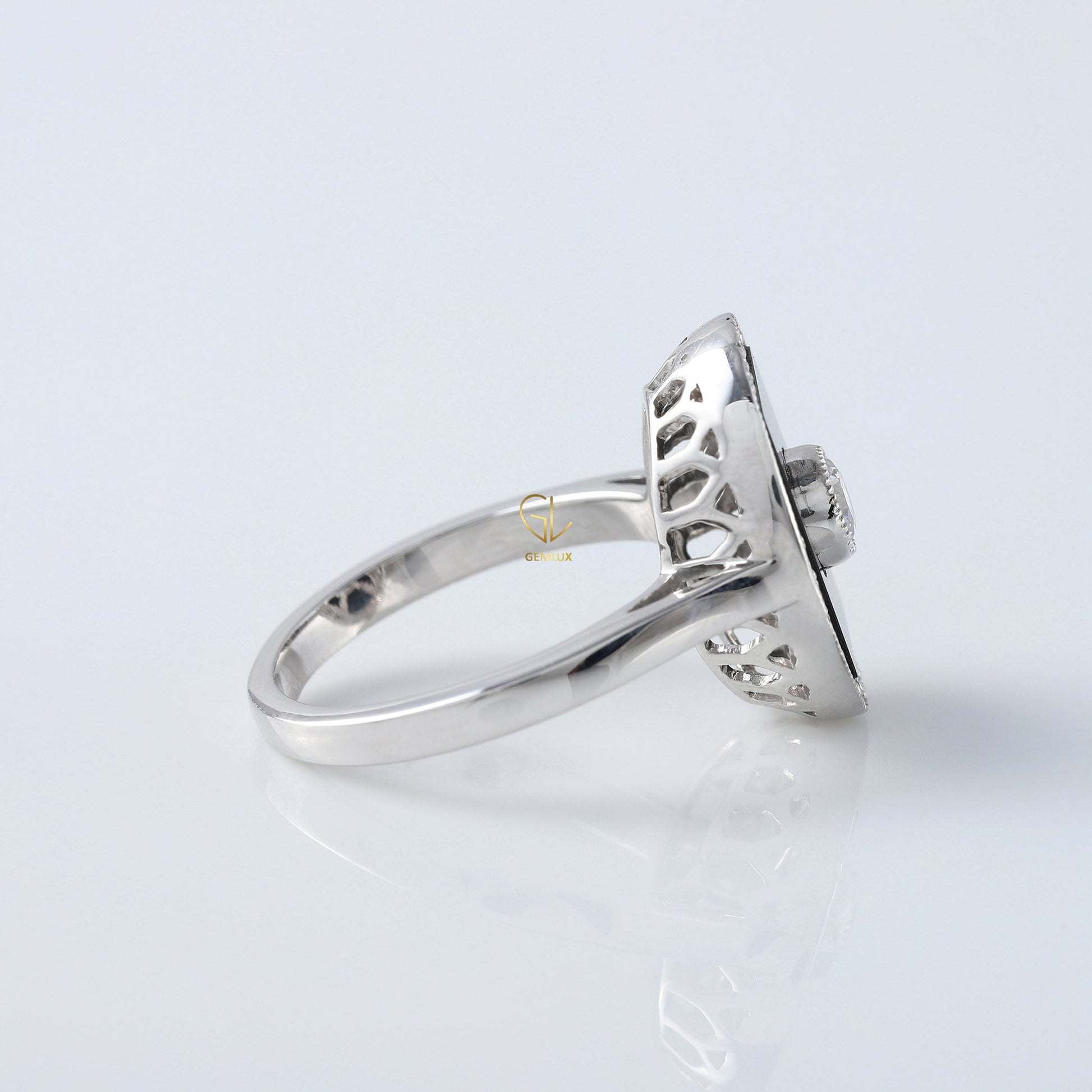 Round Cut Moisssanite Black Enamel Art Deco Engagement Ring