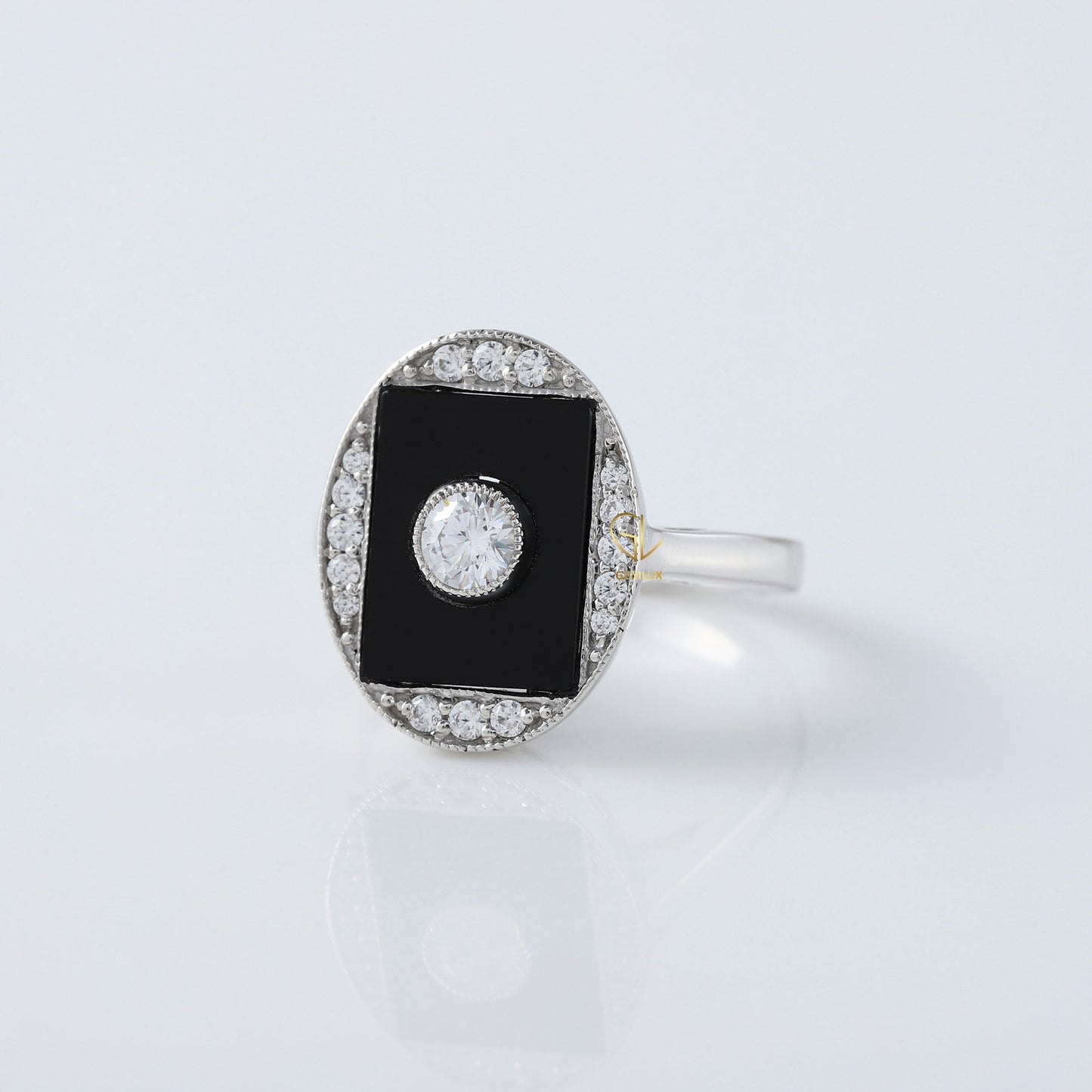 Round Cut Moisssanite Black Enamel Art Deco Engagement Ring
