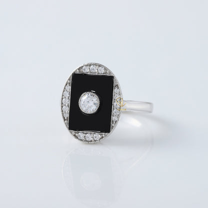 Round Cut Moisssanite Black Enamel Art Deco Engagement Ring