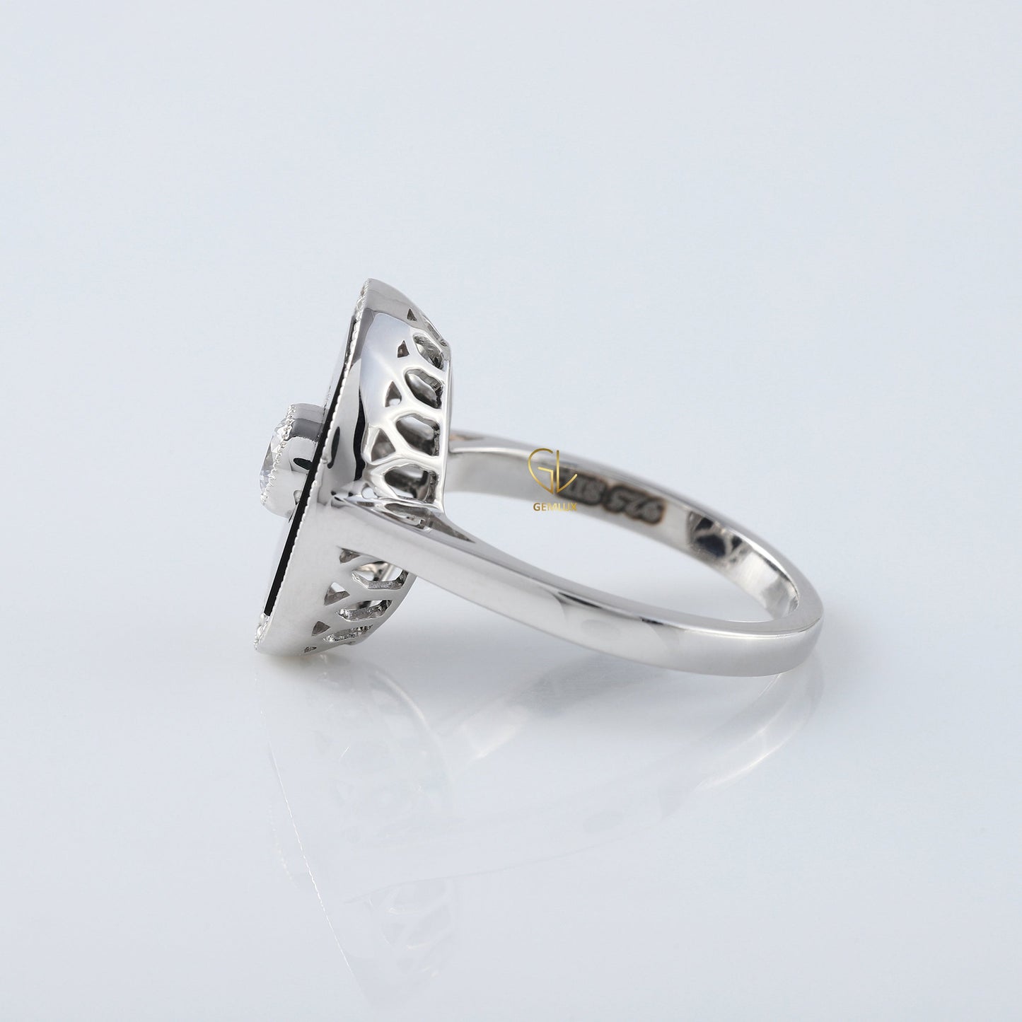 Round Cut Moisssanite Black Enamel Art Deco Engagement Ring