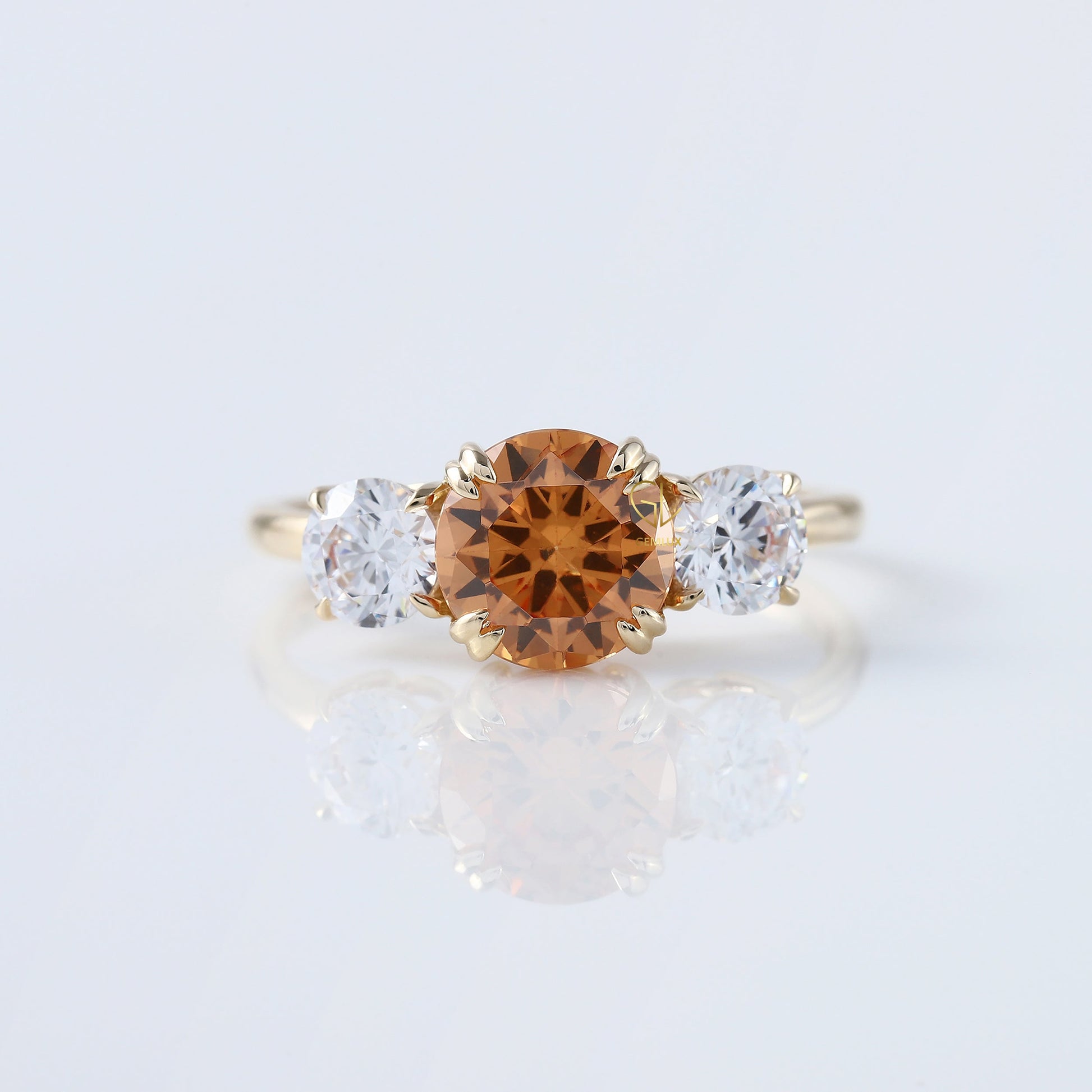 Round Cut Champagne Moissanite Three Stone Ring