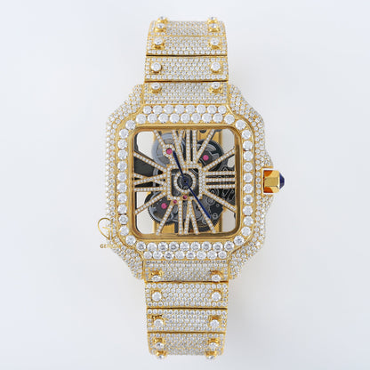 Skelton Dial Yellow Gold Plated Iced Out D VVS Moissanite Watch