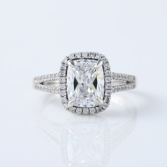 Split Shank Elongated Cushion Cut Lab Grown Halo Ring