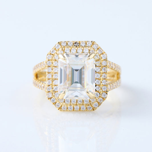 Split Shank Emerald Cut Lab Grown Double Halo Ring