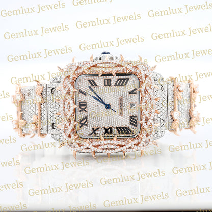 Square Roman Dial Iced Out Crown Thorn Hip Hop Watch