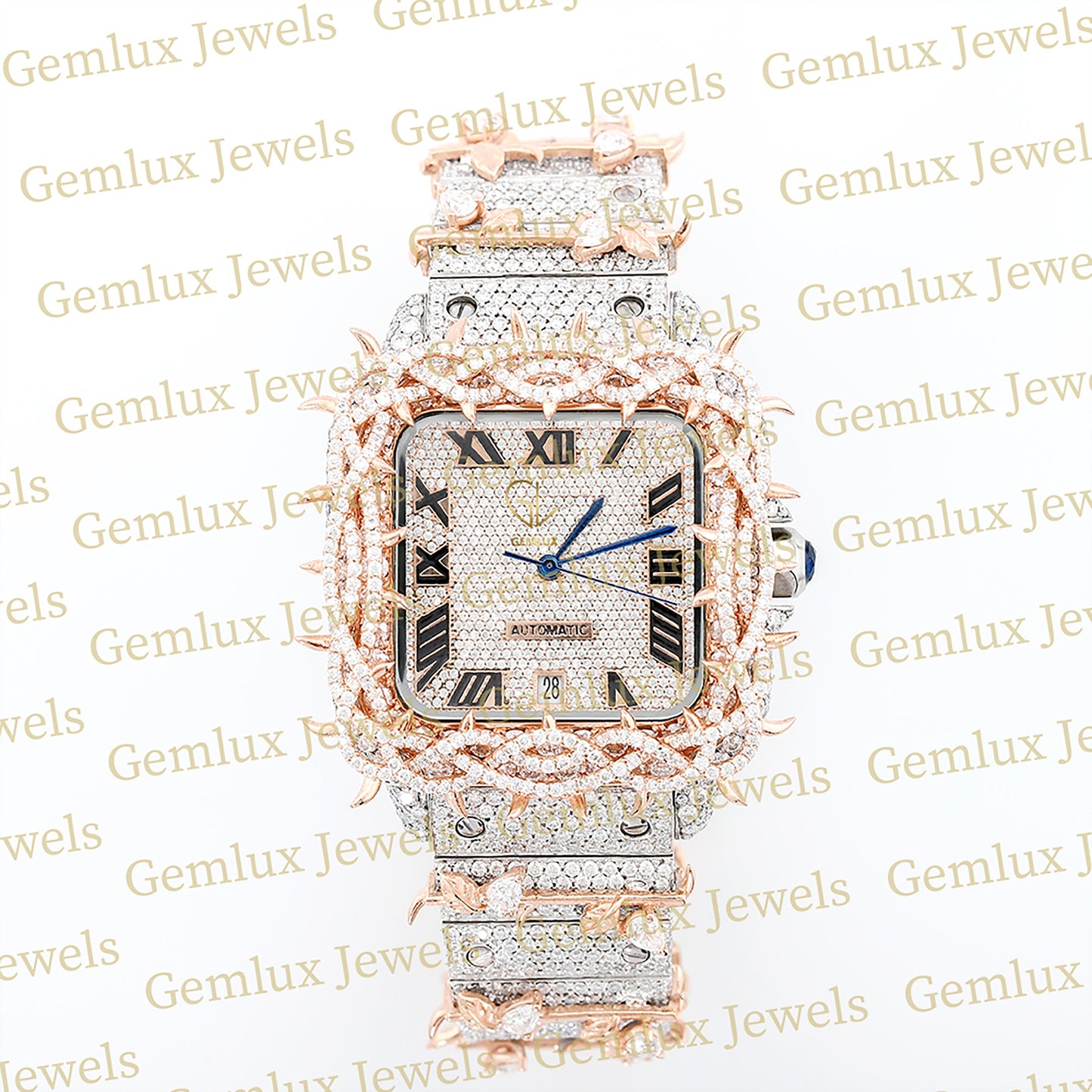 Square Roman Dial Iced Out Crown Thorn Hip Hop Watch