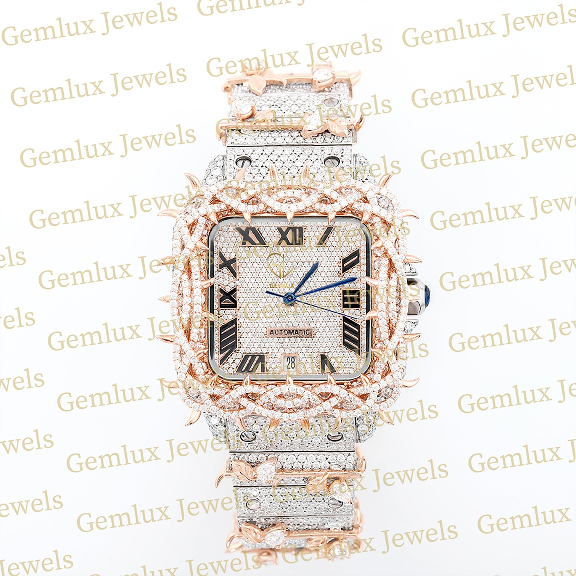 Square Roman Dial Iced Out Crown Thorn Hip Hop Watch