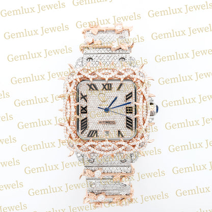 Square Roman Dial Iced Out Crown Thorn Hip Hop Watch