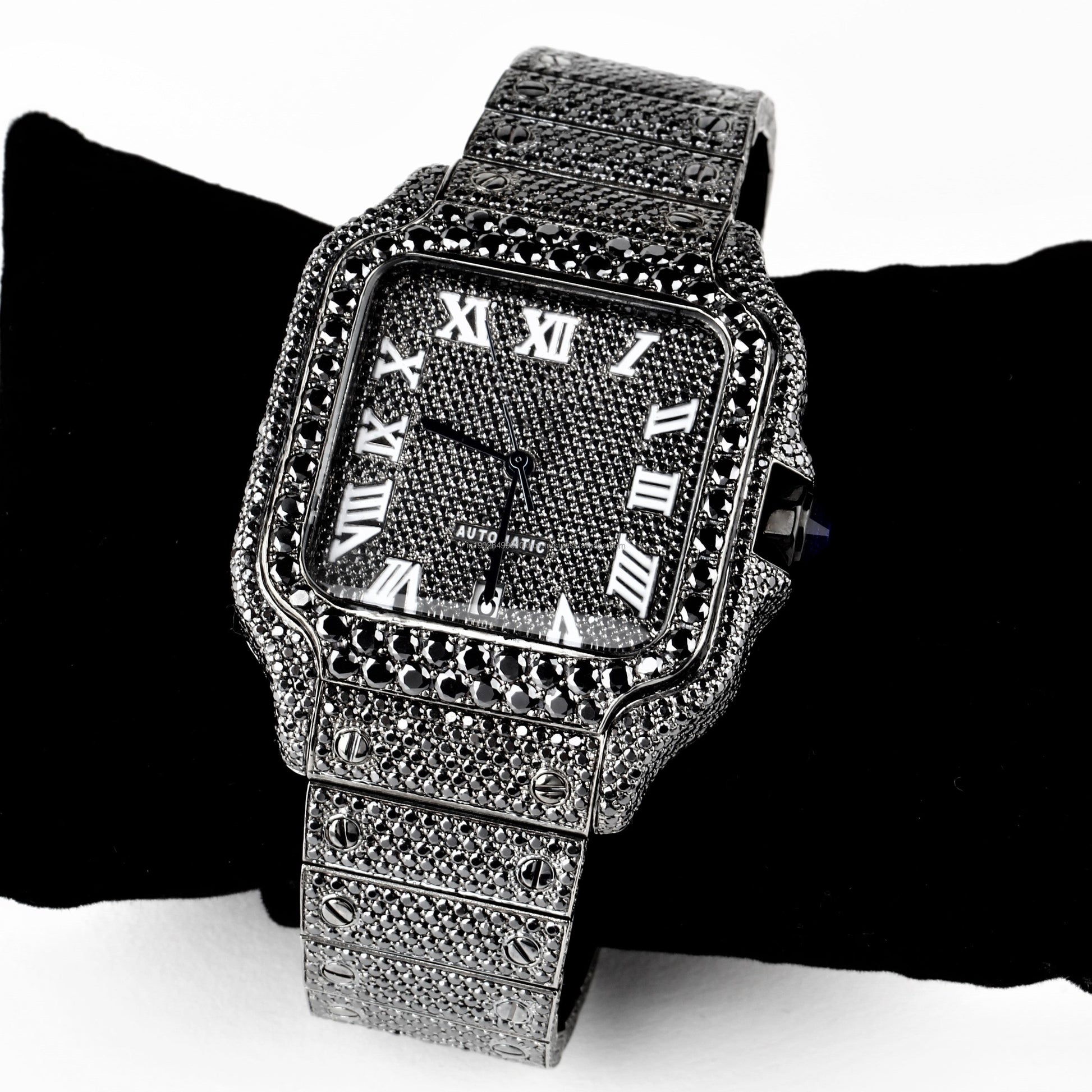 Square Roman Dial VVS Black Moissanite Diamond Hip Hop Watch