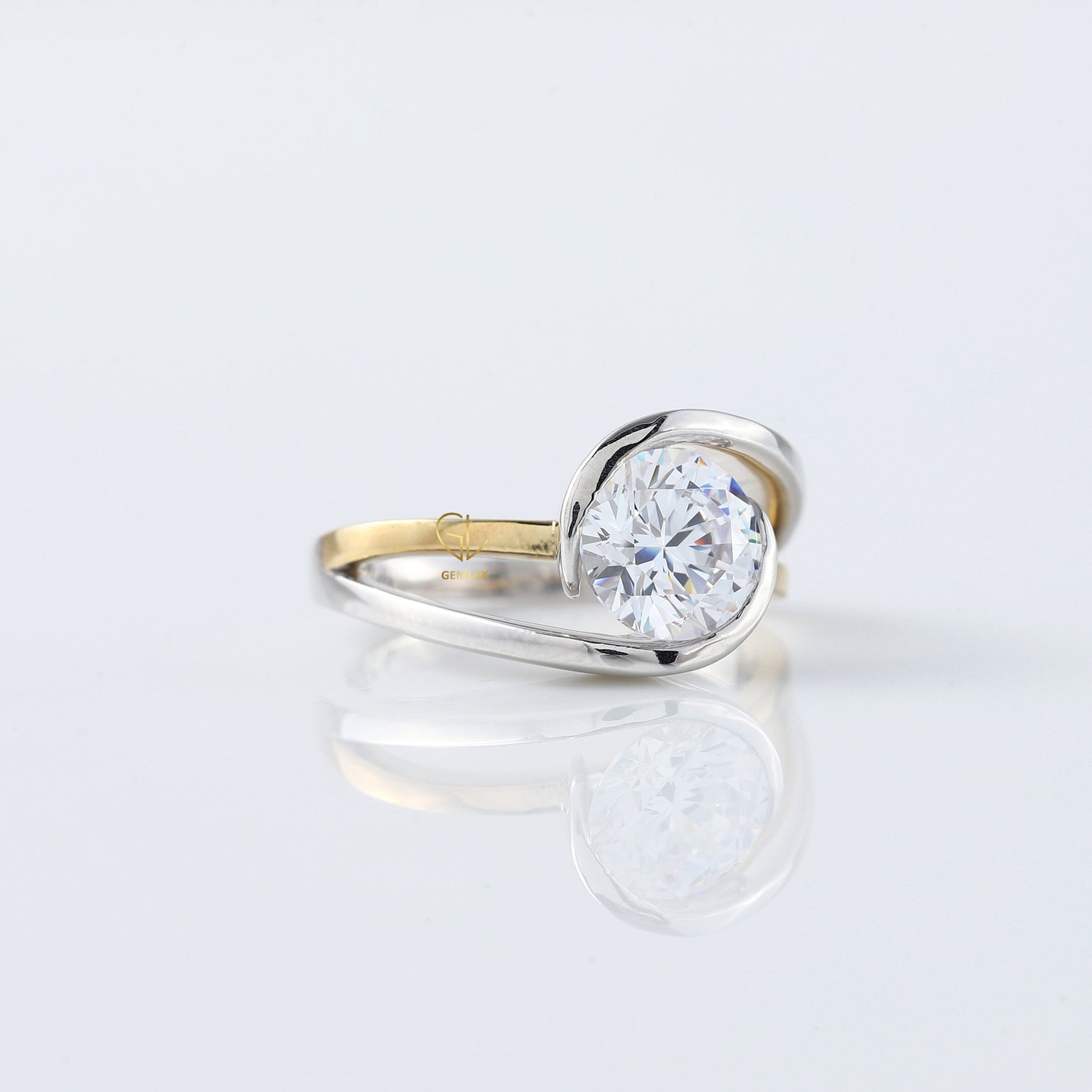 Swirl Bypass Round Moissanite Two Tone Engagement Ring