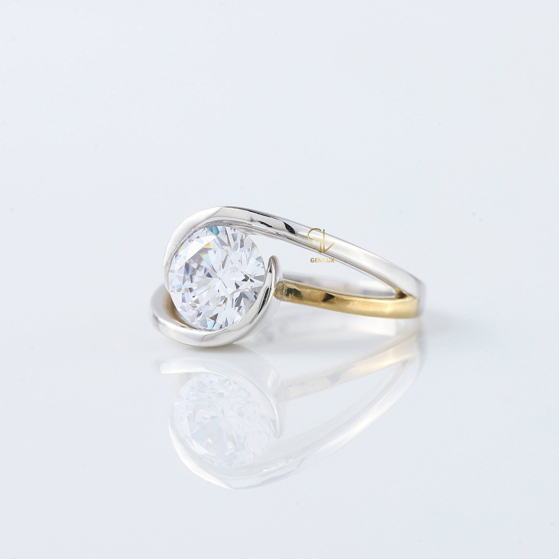 Swirl Bypass Round Moissanite Two Tone Engagement Ring