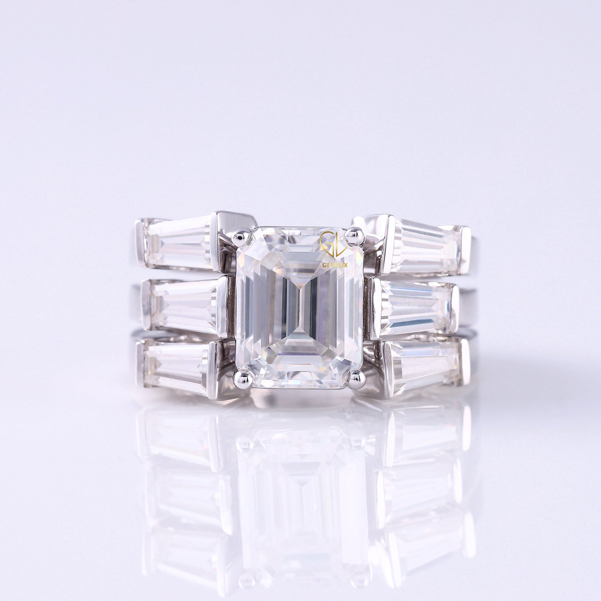 Three Stone Emerald Cut Moissanite Trio Ring Set
