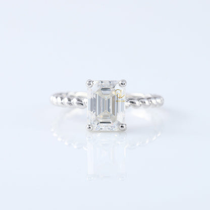 Twisted Emerald Cut Lab Grown Solitaire Rope Ring