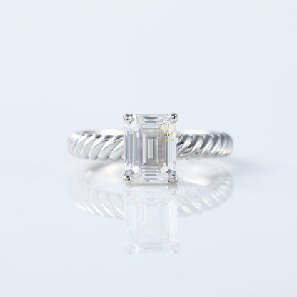 Twisted Wire Rope Emerald Cut Moissanite Solitaire Ring