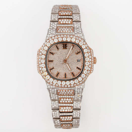 Two Tone Rose Gold Date Just Iced Out Moissanite Hip Hop Watch