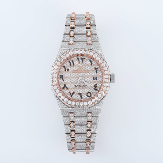 Two Tone Rose Gold Arabic Dial Iced Out VVS Moissanite Diamond Watch