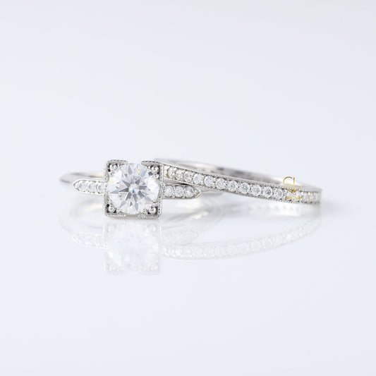 Vintage Inspired Round Lab Grown Minimal Milgrain Ring Set