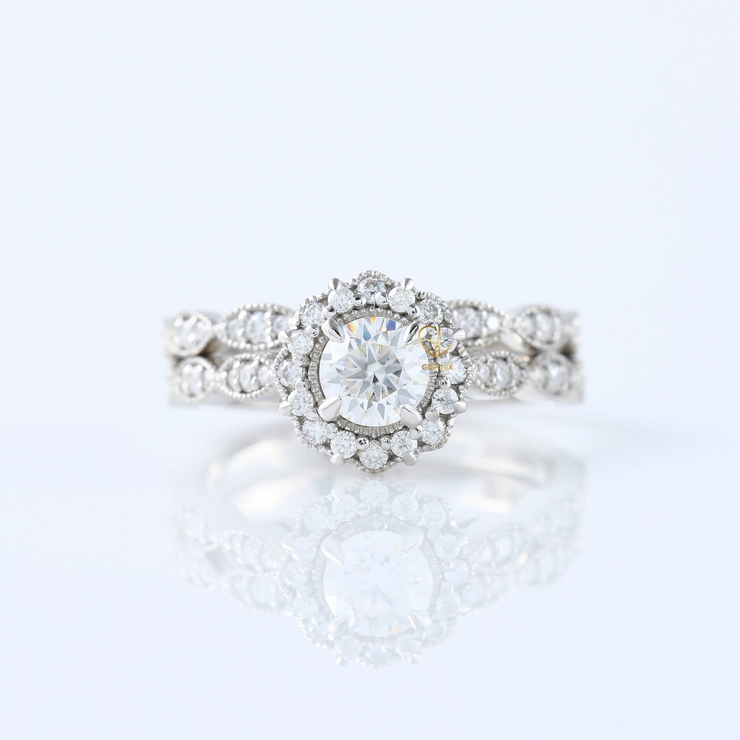 Vintage Inspired Round Moissanite Halo Ring With Milgrain Wedding Band Bridal Ring Set