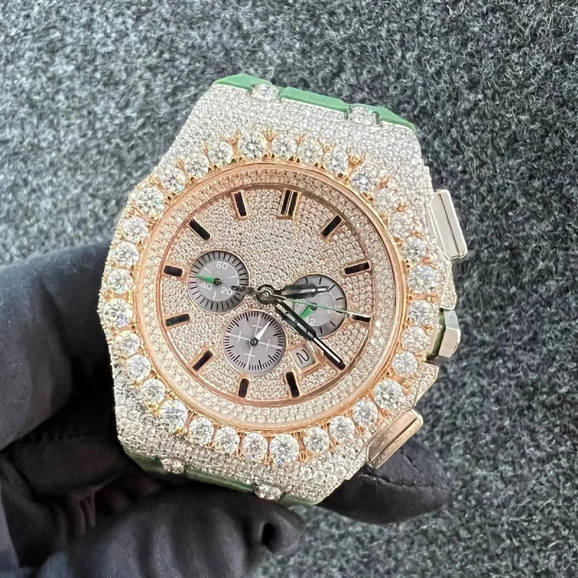 Iced Out VVS Moissanite Chronograph Rubber Strap Watch