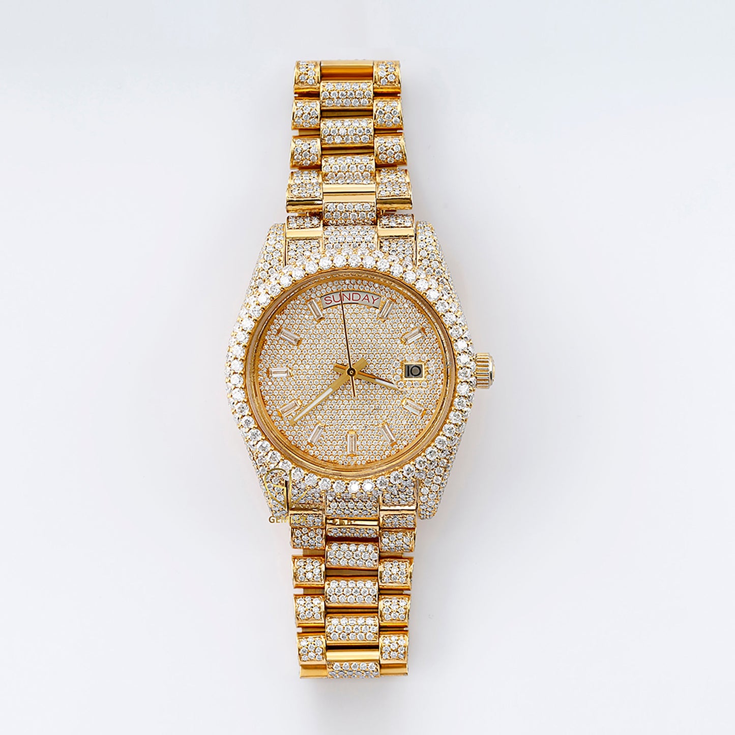 Yellow Gold Day Date Iced Out Moissanite Diamond Watch
