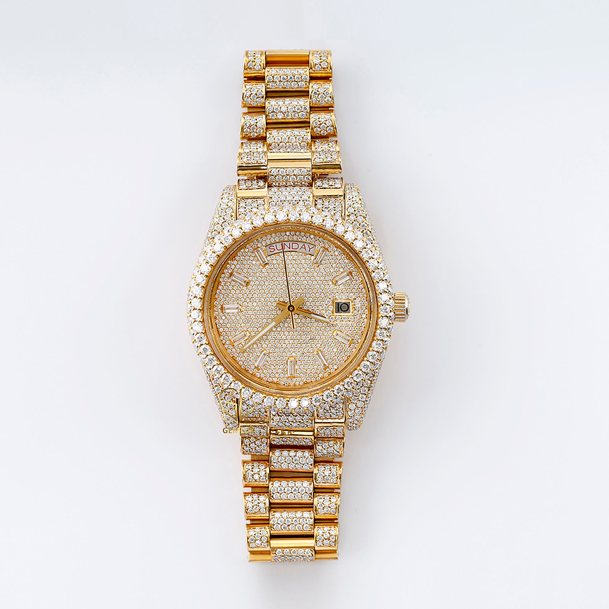 Yellow Gold Day Date Iced Out Moissanite Diamond Watch