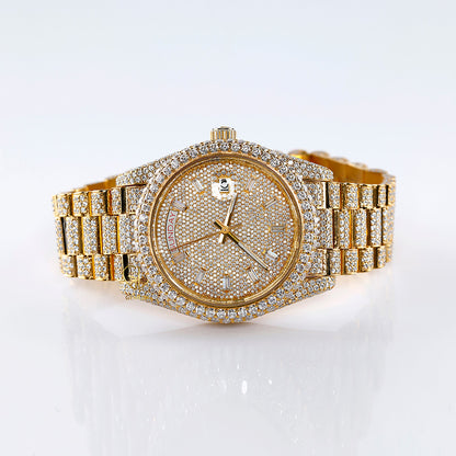 Yellow Gold Day Date Iced Out Moissanite Diamond Watch